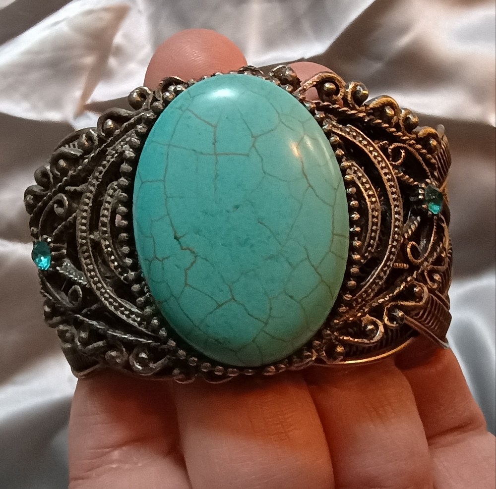 Vintage 70s Braided Sterling Silver "925 Mark" & Turquoise Thick Wrist Cuff